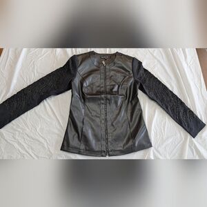 Colleen Lopez Faux Leather Jacket Women's Small Black Twill Lace  Sleeves NWT S